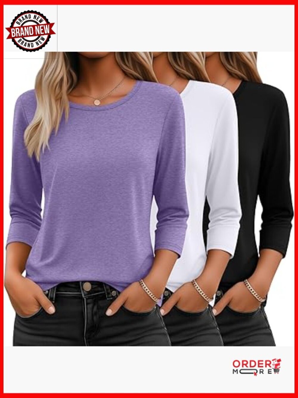 3 Pack 3/4 Sleeve Tops for Women Round Neck Loose Fit T Shirts